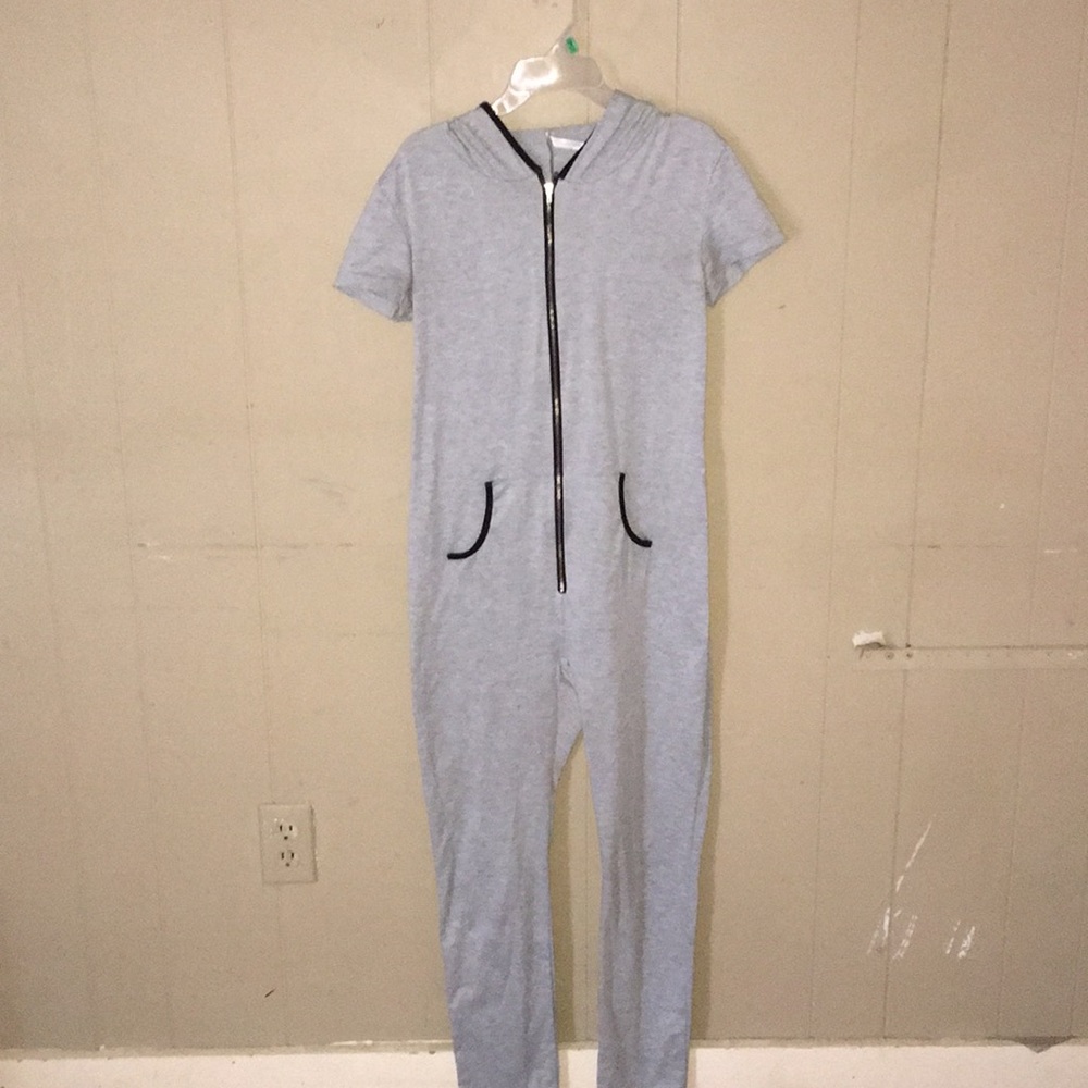 Gray Hoodied Zip Up Romper with pockets